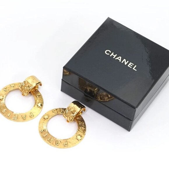 CHANEL PARIS 2 way Round Hoop Earrings Gold Tone 28 Auth w/Box - Picture 7 of 16